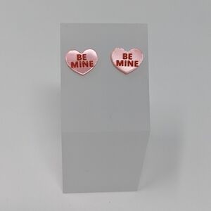 Conversation Heart Pink Acrylic Stud Earrings with Be Mine
